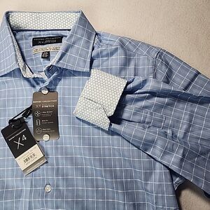 Report Collection Light Blue Plaid Shirt X4 Stretch Long Sleeve Size M 33-34